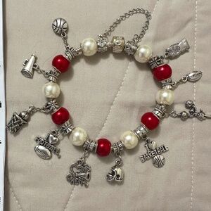 Handmade – NWOT – 925 SS plated charm bracelet, red & white beads, sports charms